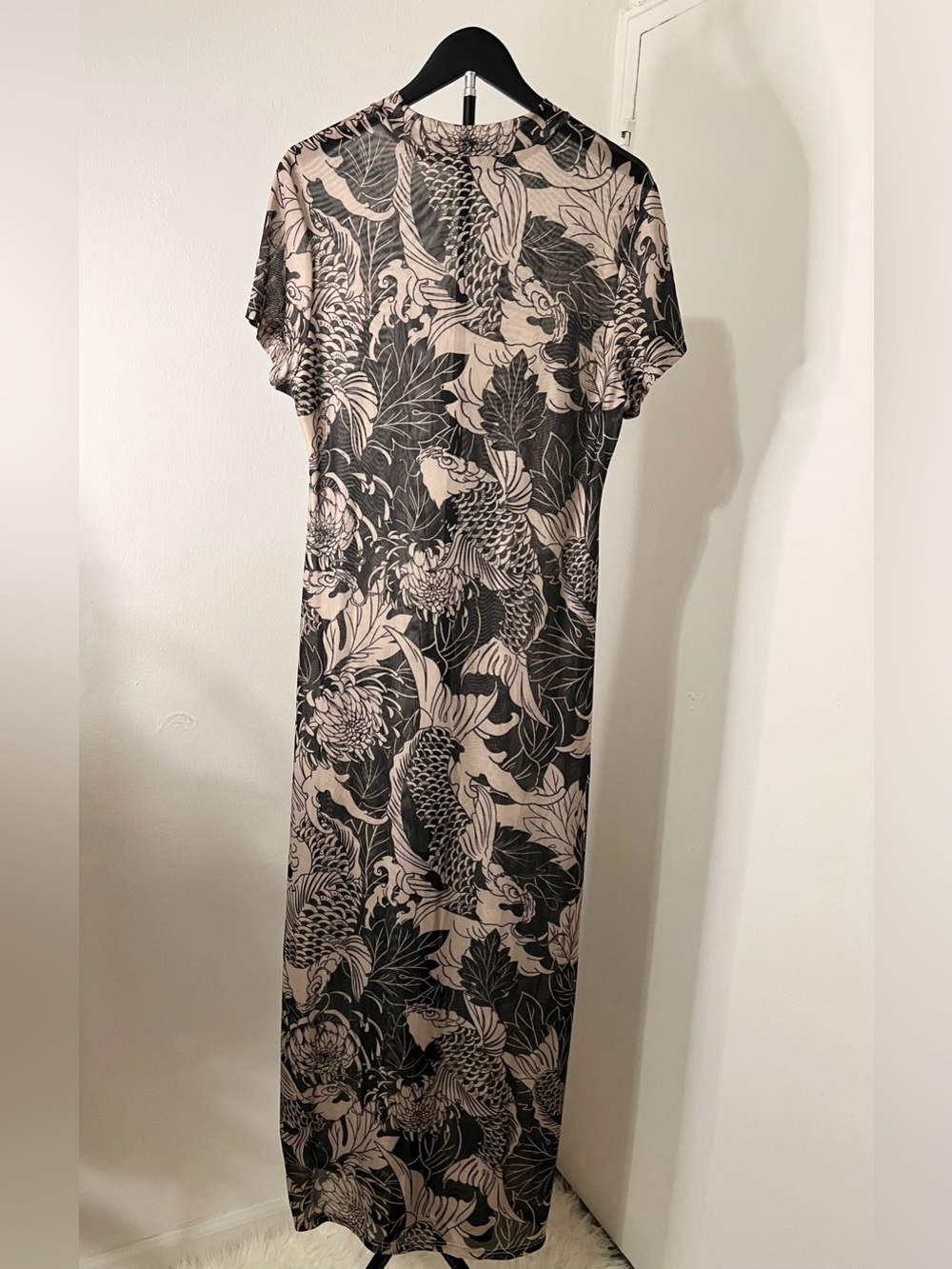 Elegant Koi Fish Print Maxi Dress | Neutral Beige & Black Statement Dress